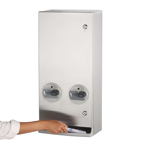 Image of Bobrick Napkin and Tampon Dispenser, Free Vend, Surface-Mounted, ADA Compliant, Stainless Steel, Satin Finish Holds 30 Tampons & 20 Napkins Push-Button Operation Easy Access Adjustable Coin Settings