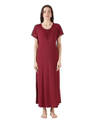 Image of 9shines Label Stylish Soft Modal Maxi Nighty | Honeymoon Nighty | Full Length Trendy Nightgown | V-Neck Lace | Premium Nightdress | Soft Long Nightdress | Maxi Gown Nightwear for Women (Malai Satin)