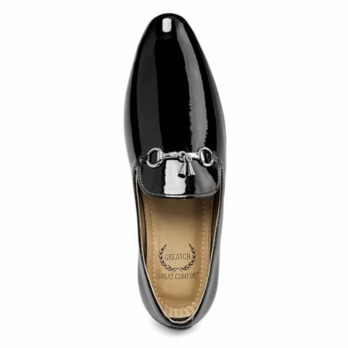 Image of Men's Black Patent Leather Loafers | Slip-On Formal Shoes with Metal Horsebit | Cushioned Insole for All-Day Comfort | Party, Office