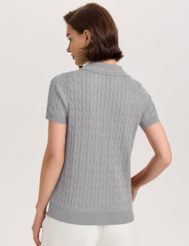 Image of Micoson Womens Short Sleeve Sweater Tops Lapel V Neck Polo Shirts 2026 Summer Cable Knit Loose Blouse Business Casual Outfits