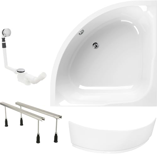 Calmwaters® Eckbadewanne Komplettset 120x120 cm Modern Small 2, Made in EU, 4in1 Acryl-Wanne mit Schürze, Wannenfüßen & Ablaufgarnitur, Duowanne für 2, Set Badewanne komplett, 120 x 120, Weiß