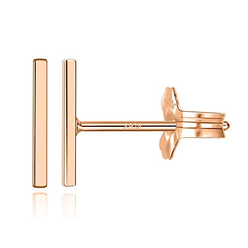 Rose Gold Plated Bar Earrings - 925 Sterling Silver Small Bar Earrings Piercing Mini Bar Earrings Minimalist Earrings Stud for Women Girls Dainty Hypoallergenic Bar Earrings Vertical Stud Bar Earrings