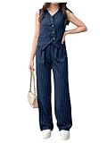 OYOANGLE Girl's Two Piece Striped Outfits Set Sleeveless Button Up Vest Elastic Waist Pants Clothing Set Blue...