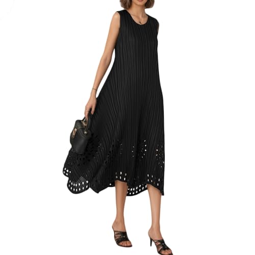 Summer Midi Dress for Women Round Neck Sleeveless Wrinkle-Free One Size Casual Outfits