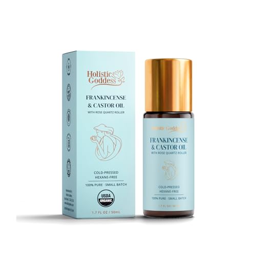 Holistic Goddess Organic Frankincense & Castor Oil Roll-On with Rose Quartz Roller Cold-Pressed Hexane-Free Castor Oil for Face Neck Fine Lines & Under-Eye Puffiness 1.7 fl oz (50ml)