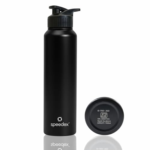Image of Speedex Stainless Steel Metal Water Bottle 1 Ltr 1000 ml, BIS Approved, Leak Proof Sipper Cap Bottle for Office, School, Gym, Travel, Daily Use for Men, Women, Kids, Adults, Black, Set of 1