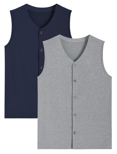 Latuza Men's Sleeveless Pajama Shirt Button Up Sleep Tank Top 2 Pack, Navy/Light Gray, Small