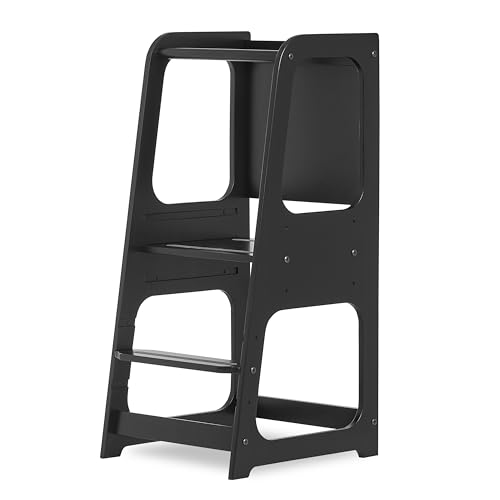 Image of Dream On Me Explora Tower & Step Stool in Black – Solid Pinewood Kids Tower with 3 Adjustable Heights, Anti-Slip Base, Chalkboard for Creative Play