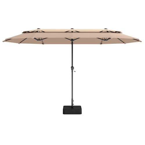 PHI VILLA 3.8x2m Double Garden Parasol with Base 2-Tier Waterproof Outdoor Umbrella UV50+ Protection for Patio Garden with Crank Beige&Tan