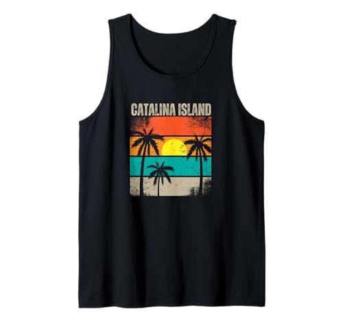 Retro Tropical Atardecer Verano Palmera Isla Catalina Camiseta sin Mangas