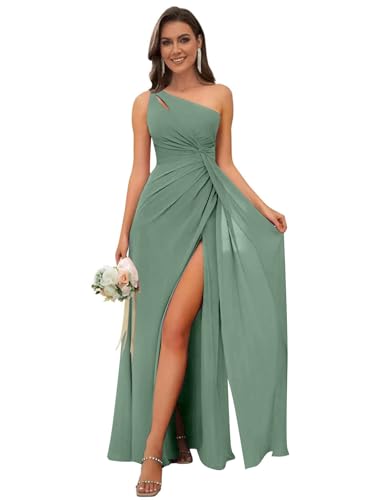 Image of OFEECHUN Women's Chiffon One Shoulder Bridesmaid Dresses Long Pleated Formal Evening Gowns with Slit
