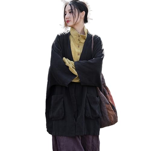 Women's Ramie Loose Fit Windbreaker Jacket Kimono Sleeve with Pockets Coat Casual Oversized Outerwear