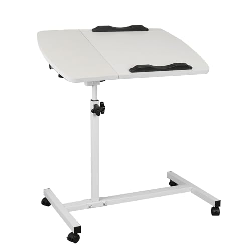 Bed Table with Wheels, Foldable, Movable Hospital Bed Table, Height-Adjustable Wheels, Tiltable, Rotatable, Pneumatic Bed Table with Hidden Bedside Table for H, 60 x 40 x 59~89 cm