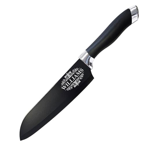 Image of Personalized 6.5-Inch Santoku Black Knife - Ultra-Light Chef Gadget, Cooking Knife, Razor Sharp Stainless Steel, Custom Engraved Kitchen Knife with Blade Cover & Gift Box (Black Santoku)