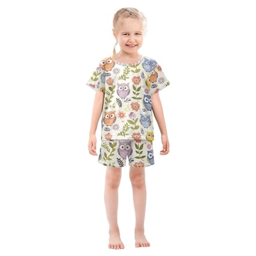 ALAZA Owl Bird Flower Pajamas Set Short Sleeve Cotton Sleepwear Summer Pjs 2 Piece 5-14Y3