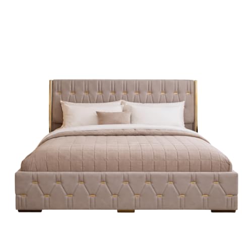Image of Royal Aura Upholstered King Size Bed with Box Storage for Bedroom | Elegant Wooden Double Bed with Storage | Platform Cot Palang with Tufted Headboard | 6.5 x 6 Ft | Sheesham Wood | Navy