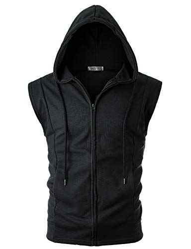 Ohoo Mens Slim Fit Sleeveless Lightweight Zip-Up Incision Hooded Vest With Invisible Slide Zipper/Dcf111-Black-M #TOP1