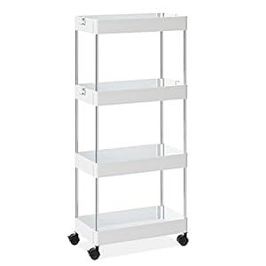 OTK Storage Cart 4 Tier Mobile Shelving Unit Organizer, Utility Rolling Shelf Cart with Wheels for Bathroom Kitchen Bedroom Office Laundry Narrow Places, White