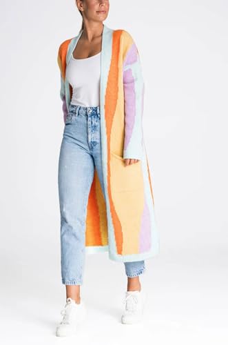 Image of chouyatou Women's Fall Open Front Color Block Long Cardigan Sweater Coat Casual Vertical Striped Coatigan