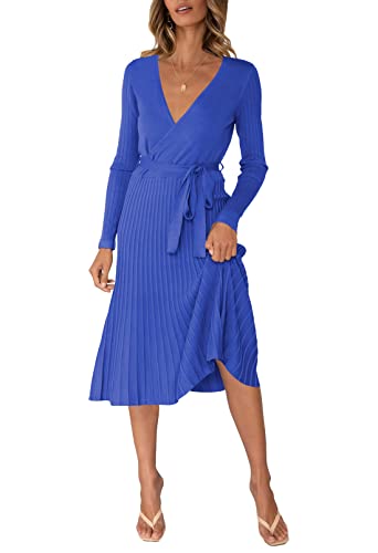 Pink Queen Women's Wrap Sweater Dress V Neck Long Sleeve Ribbed Swing Knit Midi Dresses with Belt
