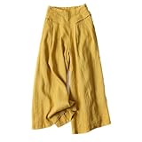 Women' s Culottes Linen Blend Wide Leg Pants Elastic Waist Casual Palazzo Trousers Solid Casual Loose Nine-Minute Pants (Yellow,XX-Large)