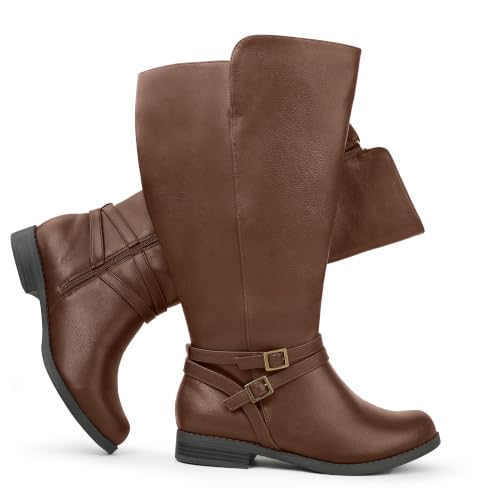 Chicblooms Women's Super Extra Wide Calf Side Zipper Double Buckle Knee High Riding Boots, Cognac PU, 11 M US by Chicblooms - Used condition - US$61.74