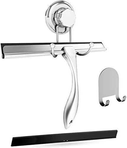 Bathroom Shower Squeegee Chrome Plated Stainless Steel with Matching Suction Cup Hook Holder, 3M Adhesive Mounting Disc, 3M Hook,1 Replacement Rubber Blade HASKO Accessories, 9.8-Inch