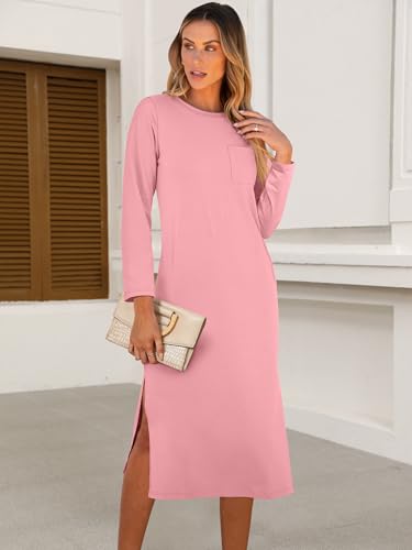 Image of ANRABESS Womens 3 /4 Sleeve Midi T Shirt Fall Dresses | Striped Solid Floral,Long Sleeve Slit Crew Neck &Chest Pocket,2026 Fall Outfits,Casual Travel Vacation Clothes,Summer Spring
