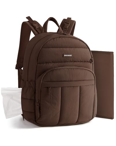 BAGSMART Diaper Bag Backpack Multi-Pocket Puffy Diaper Bag with Waterproof Changing Pad Lightweight Stroller-Friendly Diaper Bag with Insulated Pockets Easy-Access Baby Essential Coffee Brown