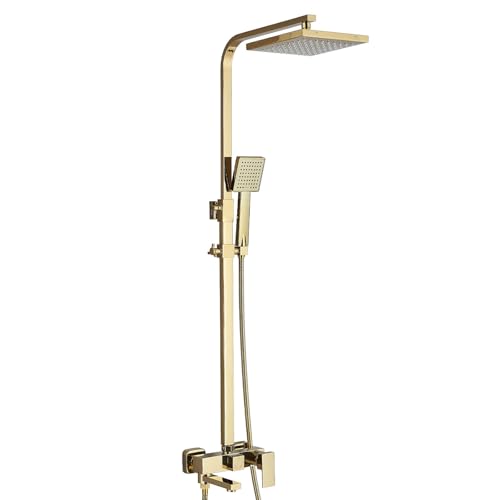 LLFFSSDG Colonne de douche multifonctionnelle dorée brossée avec robinet mitigeur hauteur réglable, douchette de pluie 20,3 cm et douche à main carrée...