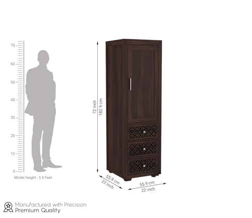 Image of Sheesham Wood Wooden Single Door Wardrobe Organizer for Clothes | - Solid Wood Almirah with 3 Drawers, 3 Shelves - Cupboard for Large Bedroom, Walnut Finish