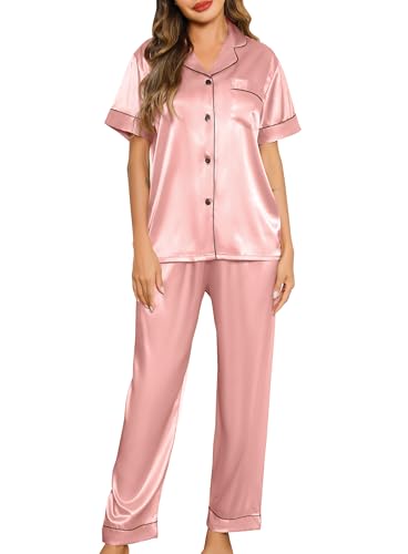 Lovasy Pigiama Raso Donna a Maniche Corte Pigiama Due Pezzi Seta Corto Set con Bottoni Revers Pigiama con Tasche, Y-Rosa L