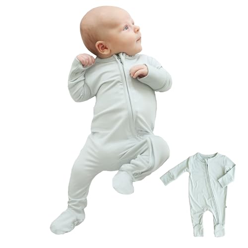 Image of Caden Lane Zippered Baby Footie Pajamas, Soft Onesie Bodysuit with Feet & Double Zipper for Easy Diaper Change, Infant, and Toddler Footed One-Piece Jumpsuit, Mist Grey, 0-3 Months