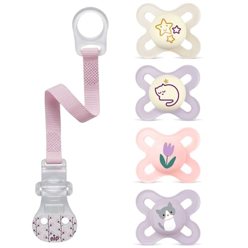 MAM Skin Soft Silicone Dummy Start Day + Night (2+2) Especially for Premature and Newborns Extra Small 0-2 Months Pack of 4 incl. Nipsoothers Clip