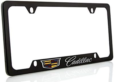 License Frame Inc. Cadillac with Crest Zinc License Plate Frame with Glossy Black Finish (4 Hole)