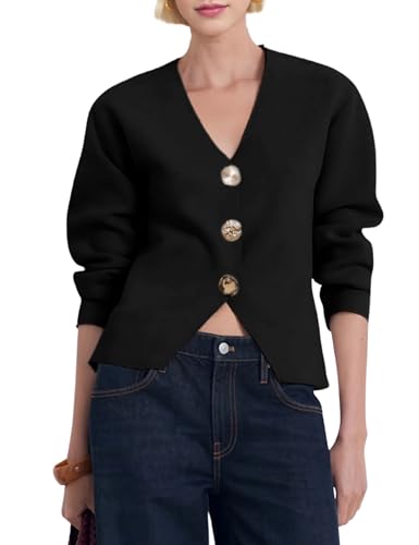 Daacee Cardigan Sweaters for Women V Neck Long Sleeve Gold Button Down Knit Cardigans Tops Outwear(0770-Black-M)