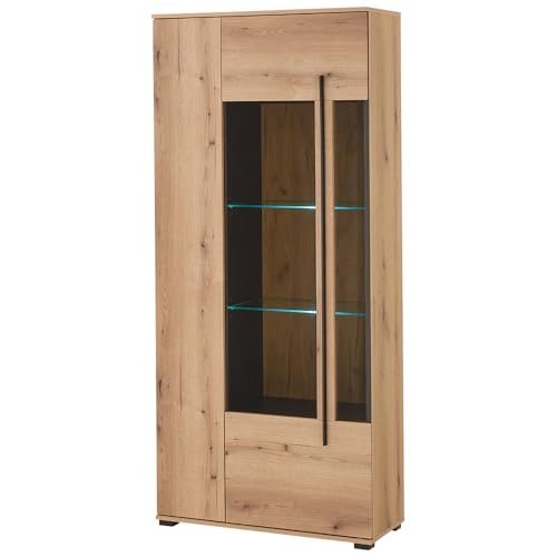 Lomadox Wohnwand Wohnzimmer-Set 3-teilig mit Vitrine, Lowboard & Wandregal in Eiche inkl. LED Beleuchtung – Bild 3
