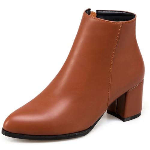 OALEEN Bottines Fourrées Femme Hiver Boots Chelsea Talon Haut Carré Bloc Sexy Bout Pointu Effet Cuir Soirée Chaussures Marron 36