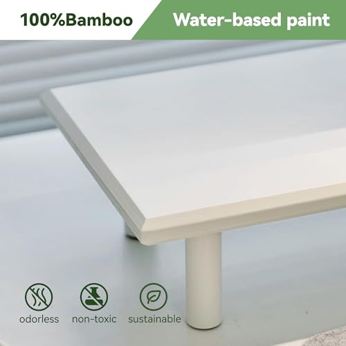 Image of Bamboo Dual Monitor Stand Riser, White Desk Shelf with Storage