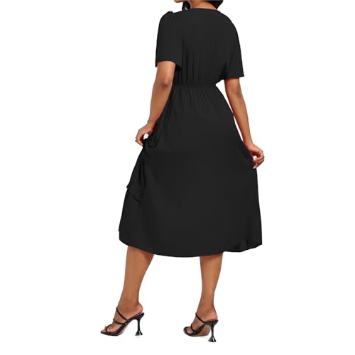 Image of Women's Short Sleeve Summer Boho Pleated Rayon Mid Dresses with Pockets for Wedding Guest