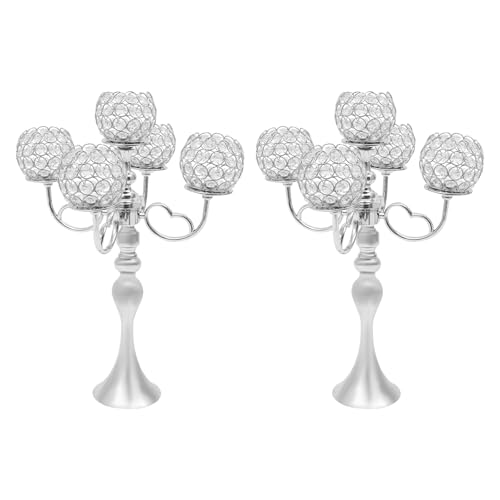ZHISHUAI- 2 Pack 5 Arm Crystal Candelabra Centerpieces, Tabletop Tall Crystal Candle Holders with Crystal Candle Holder Bowl, for Home Wedding Anniversary Dinner Party Table Decoration (Silver)