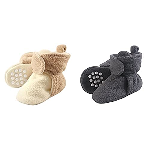 Luvable Friends Boy Cozy Fleece Booties 2-Pack, Cream Tan Charcoal, 12-18 Months