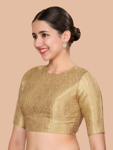 Image of Studio Shringaar Women Brocade Silky Jewel Neck Readymade Elbow Length Sleeve Saree Blouse