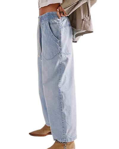Women's Drawstring Baggy Jeans Trendy Elastic Waisted Boyfriend Wide Leg Denim Pants2