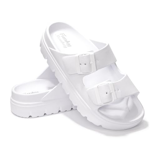 FUNKYMONKEY EVA Slides for Women Thick-sole Adjustable Double Buckle Waterproof Platform Sandals (8 M US, White/HDSPK)