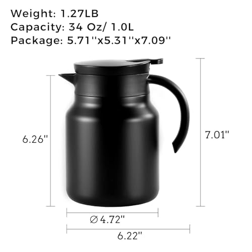 Image of Thermal Tea & Coffee Kettle with Infuser | 1000ml Insulated Stainless Steel Carafe, Hot & Cold Beverage Server, Dustproof Vacuum Flask Jug | for Home, Office, Party & Travel
