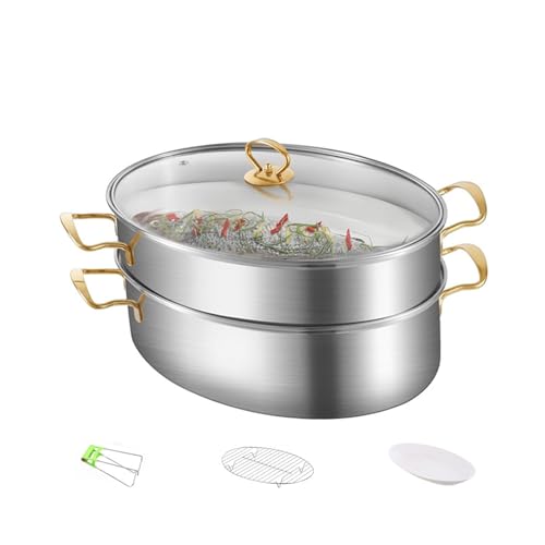 Vaporizador de pescado de acero inoxidable, utensilios de cocina ovalados multiusos con tapa, diseño de 2 niveles, incluye estante y sartén de cerámica para cocinar al vapor y olla