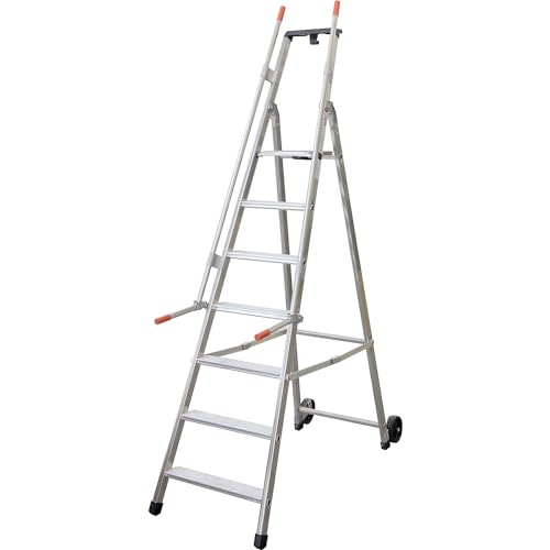 Escalera móvil para almacén y para estanterías, con 2 pasamanos y ruedas, 7 peldaños incl. plataforma.