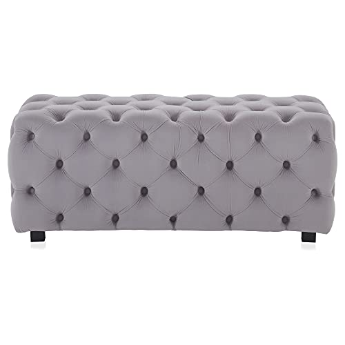 Image of BELLEZE Modern 46 Inch Rectangular Velvet Ottoman, Tufted Bench for Living Room, Bedroom or Entryway Seating, Vintage Style Upholstered Footrest - Zayne (Gray)