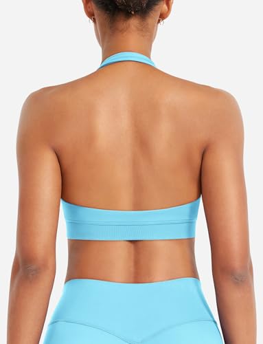 Image of YEOREO CoreFlex Women Halter Sports Bra Workout Seamless Padded Basic Bra Open Back Yoga Gym Crop Top